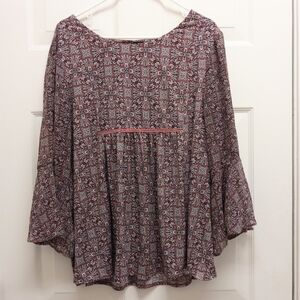 Roz & Ali XL Women's Boho Peasant Top Flowy Bell Sleeve Printed Blouse